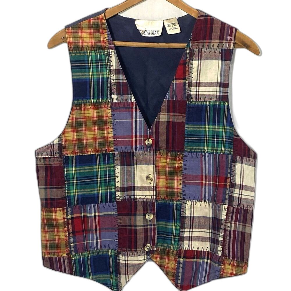 Vtg CASEY & MAX Vest Plaid Patchwork Quilted Button Sleeveless Retro 90s Women M